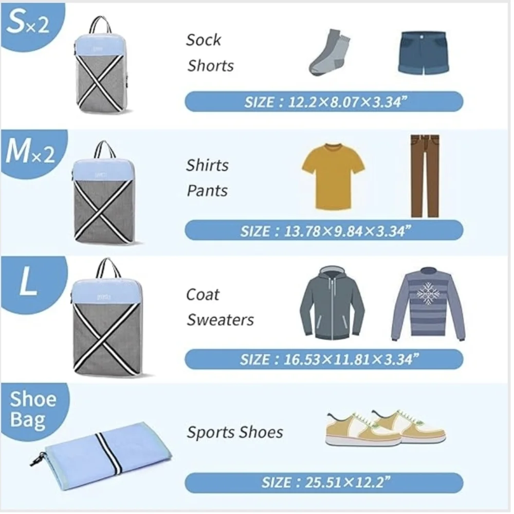 Travel Packing Cubes 6 Piece Set in Blue and White
